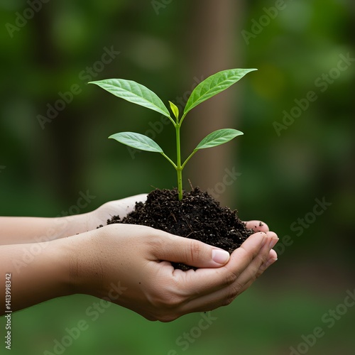 Obraz na płótnie A tree's hand holds a plant, symbolizing the bond between nature and ecological conservation. In the background, the untouched forest stands as a reminder of the need for forest preservation. w salonie