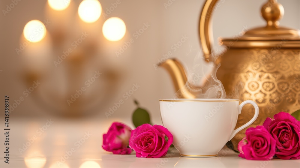 Elegant tea set with roses and soft bokeh background Elegant tea set with roses and soft bokeh background
