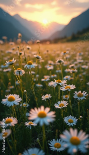 Meadow of White Daisies at Sunset: A Serene Floral Landscape with Mountains in the Background