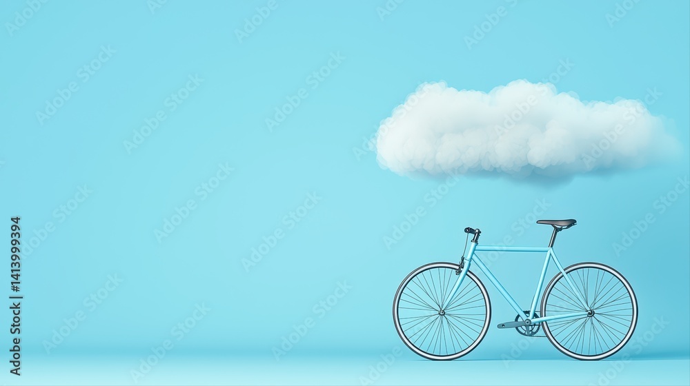 Fototapeta premium Minimalist bicycle against blue background with cloud illustration