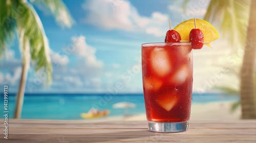 Refreshing summer drink with cherries and lemon on beach background