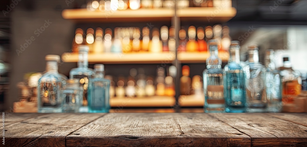 Rustic Bartop with Blurred Liquor Bottles: Warm, Inviting Ambiance Rustic Bartop with Blurred Liquor Bottles: Warm, Inviting Ambiance