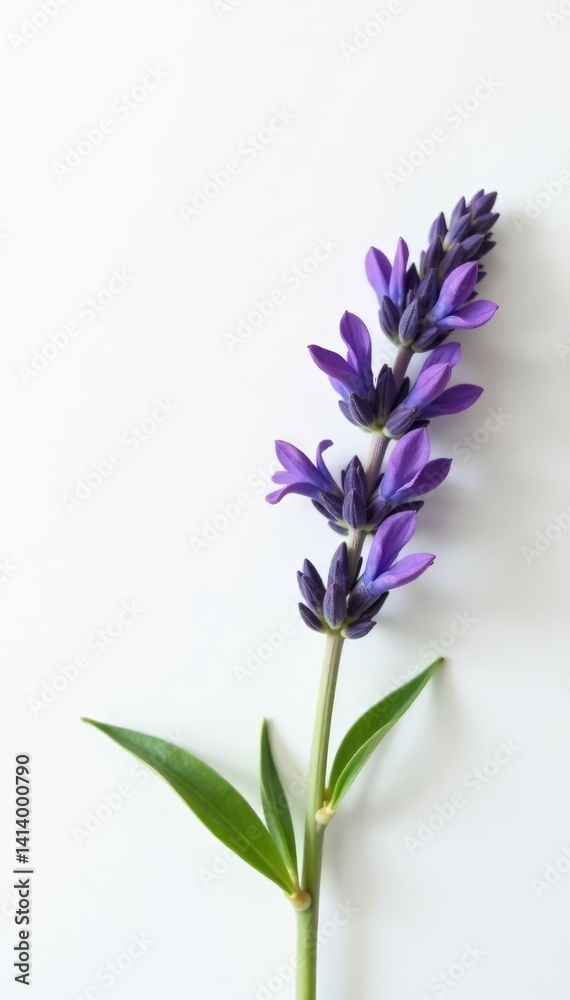 Obraz premium Sprig of lavender with prominent purple flowers against a crisp white background, plant life, flower