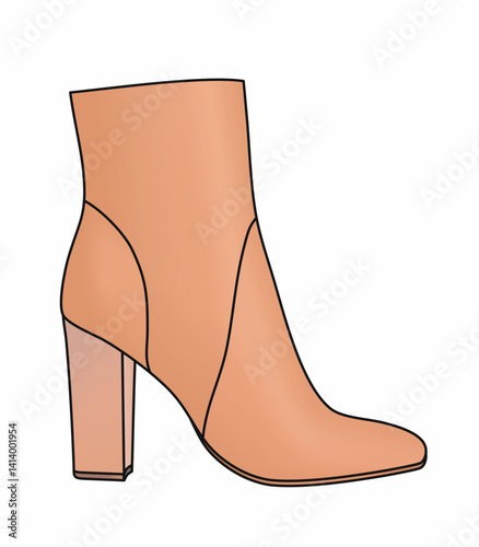 A tan shoe with a pointed toe and a heel. The shoe is drawn in black and white