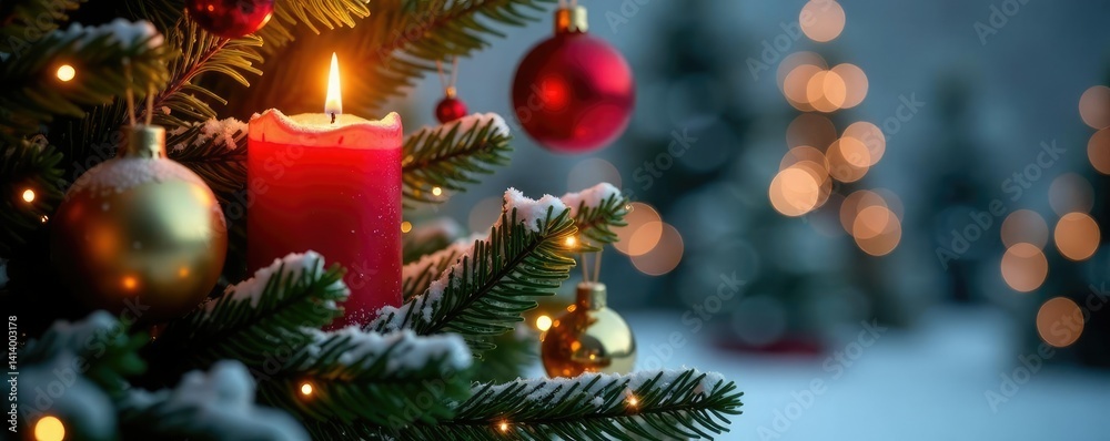 Decorated Christmas tree with red candle and glass balls, winter wonderland, decorative elements Decorated Christmas tree with red candle and glass balls, winter wonderland, decorative elements