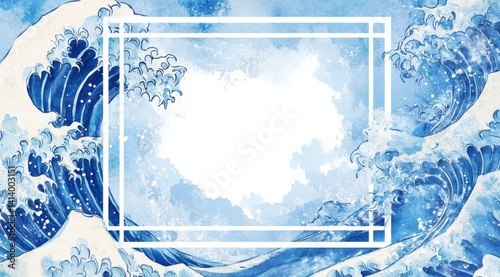 Light blue Japanese-style checkered background with watercolor waves