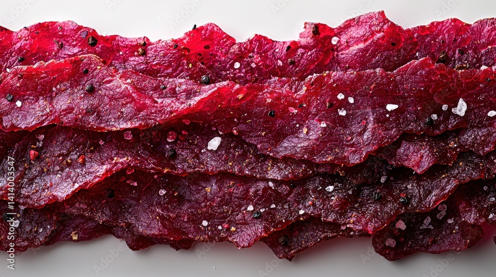 Fototapeta premium Close-up view of beef jerky showcasing rich texture with salt and pepper details