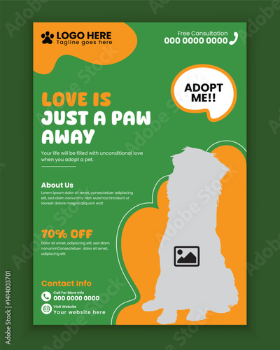 Pet adoption Events poster design, or Pet care, grooming, spa training, A4 size flyer design template