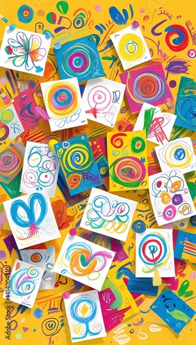 Colorful kids art background with drawings and sketches on yellow paper texture design