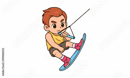 cute man wakeboarding in the sea cartoon illustration