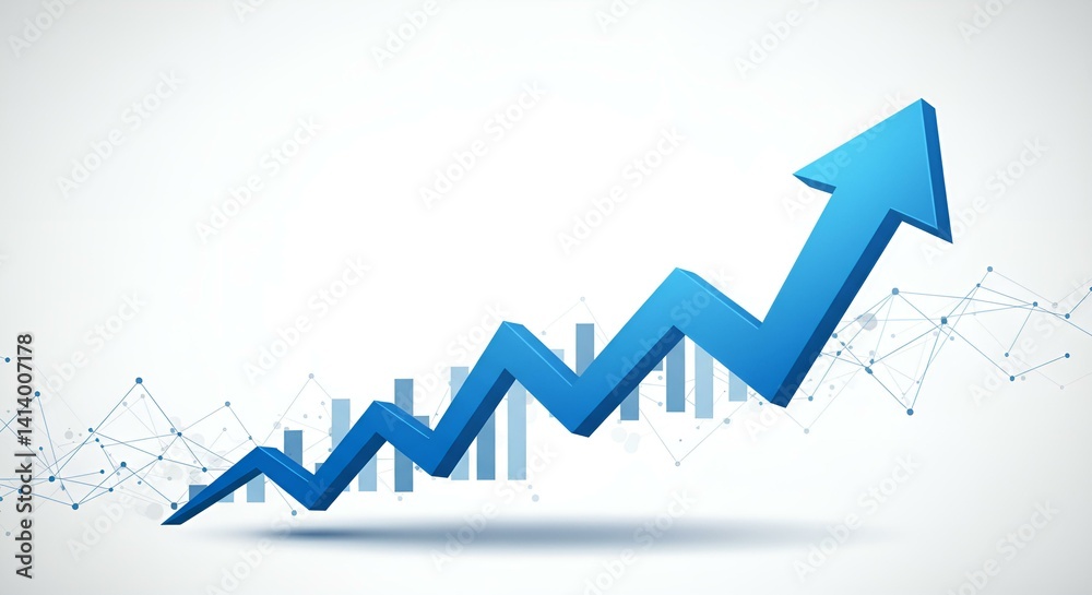 Stylized 3D arrow graph sharply rising upward, representing business growth, success, and upward trend. Stylized 3D arrow graph sharply rising upward, representing business growth, success, and upward trend.