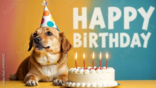 cute happy dog ​​in a birthday cap sits at a table in front of a cake with burning candles on a bright multi-colored background with the inscription HAPPY BIRTHDAY
