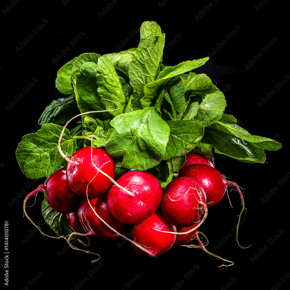 Fresh Red Radishes with Green Leaves on Black Background