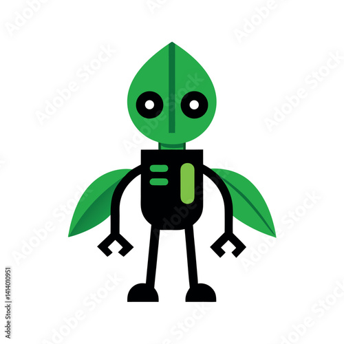 A vibrant green robot character with leaf-like appendages.