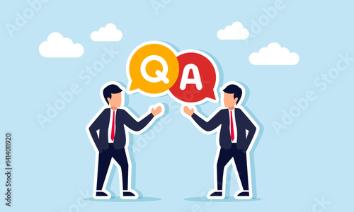 Two businessmen talking to each other with a chat dialog icon showing Q and A labels, illustration of a Q&A or sharing session in a business setting