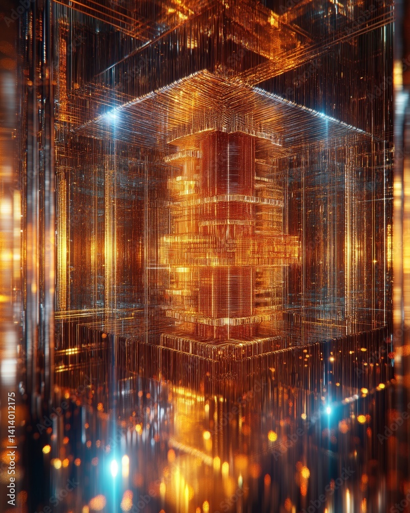 Obraz premium Quantum Computing Structure Golden Futuristic Data Processing Network