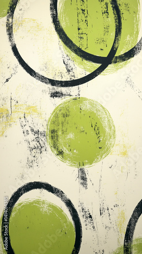 Painted green and black circles on textured paper
