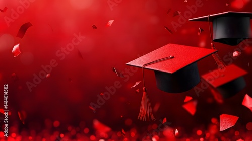Graduation caps float against a red background with confetti or petals. Red graduation background.