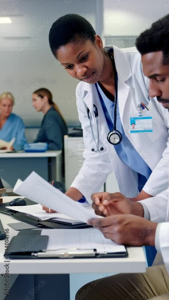 Diverse doctors sits at a desk and checking medical charts at the lab office Diverse doctors sits at a desk and checking medical charts at the lab office