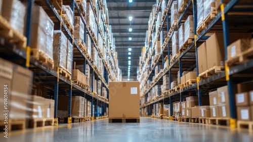 Warehouse Inventory  Rows of Pallets and Cardboard Boxes in a Large Distribution Center
