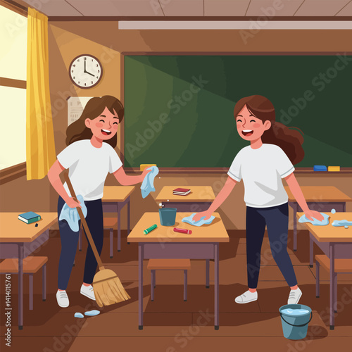 Students Cleaning Classroom with Broom and Cloths