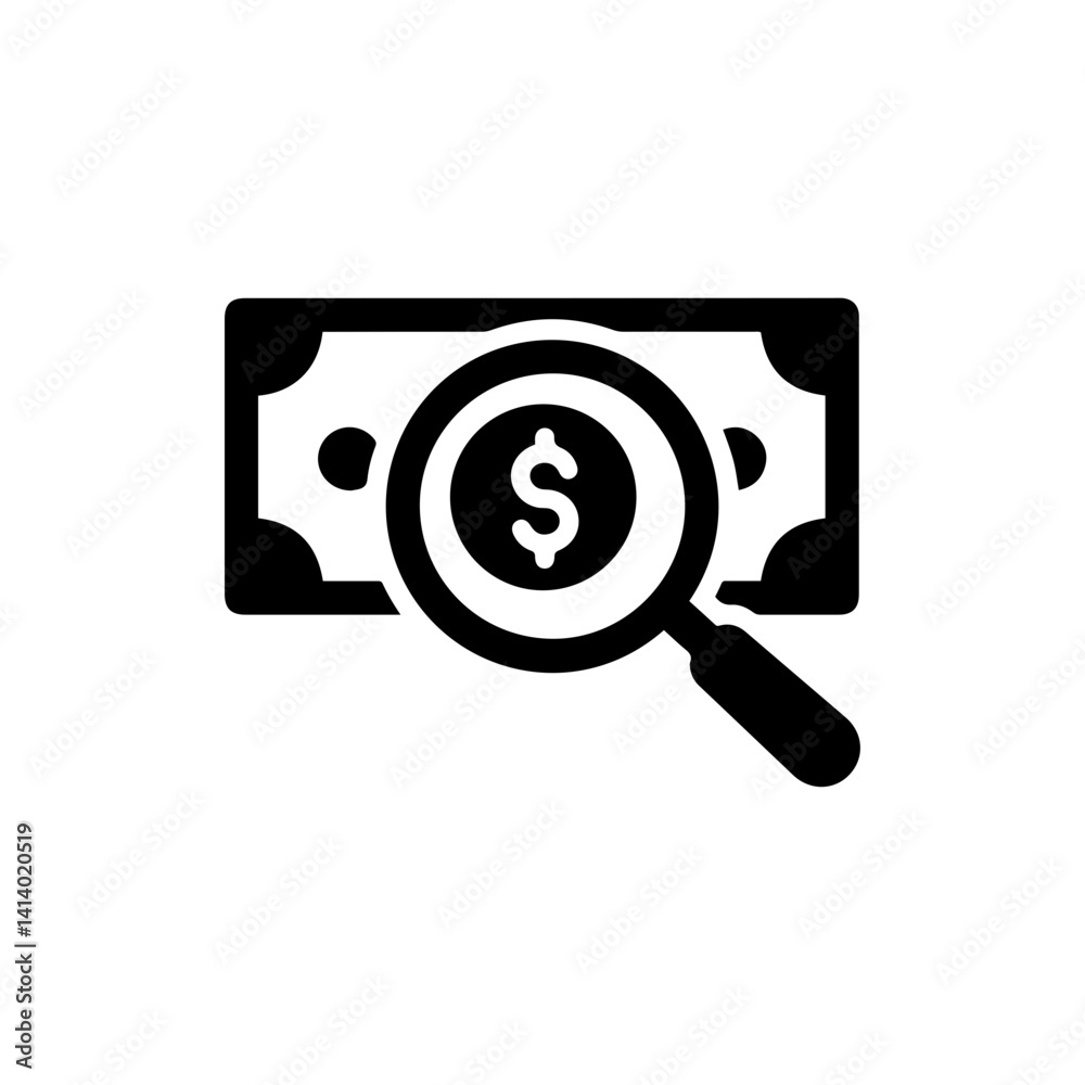Magnifying glass over dollar bill icon symbolizing financial analysis and decision-making Magnifying glass over dollar bill icon symbolizing financial analysis and decision-making