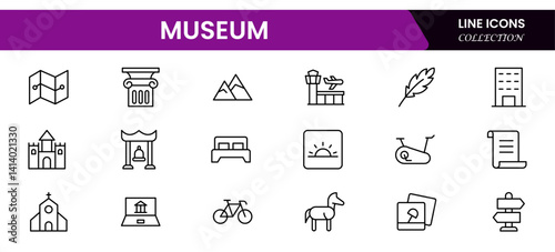 Museum ancient exhibit and service for tourist visit line icons set. Classic pillar, sculpture and painting, book and jewel, museum staff badge thin black and red outline symbols vector illustration