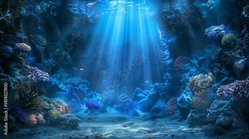 Mystical underwater abyss illuminated by enchanting blue sunlight in the deep ocean