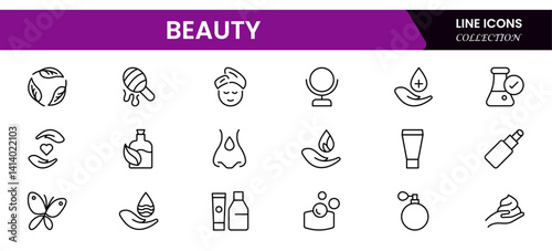 Beauty and Spa set of web icons in line style. Cosmetics services & Spa icons for web and mobile app. Spa treatments, skin care, massage, hyaluronic acid, serum, anti ageing, pore tighten, cosmetology