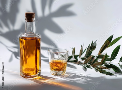 Amber Liquid in Glass Bottle and Tumbler: A Serene Still Life