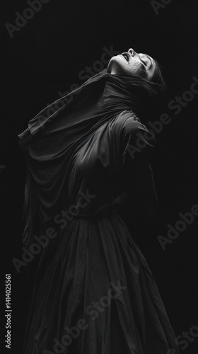 Mysterious figure in dark attire with dramatic pose