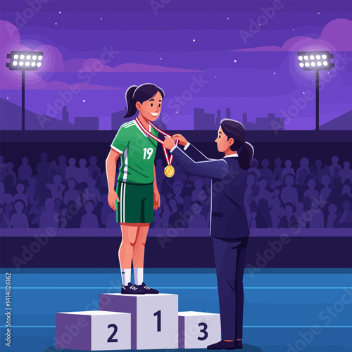 Athlete Receives Medal on Podium at Sporting Event