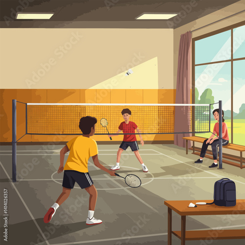People Playing Badminton in Indoor Court with Observer