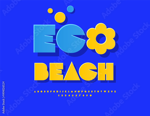 Vector Travel Advertisement Eco Beach with Creative Sun. Artistic Yellow Font. Cool Sticker Alphabet Letters and Numbers