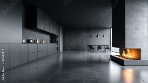 Matte black kitchen with integrated appliances  open dining area  and a sleek  minimalist fireplace creating a sophisticated ambiance - cookware dining area furniture remodel
