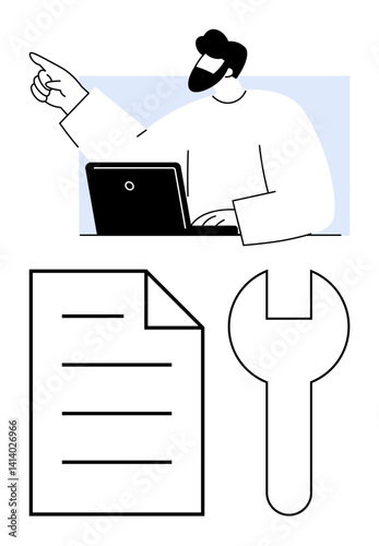 Man using a laptop while pointing forward, alongside a document and wrench suggesting guidance and problem-solving. Ideal for planning, workflow, teamwork, maintenance, guidelines, innovation, flat