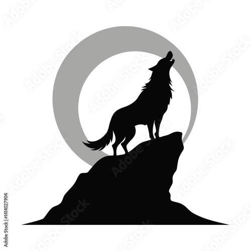 Black silhouette of a howling wolf on a rocky cliff under a full moon vector illustration isolated on a transparent background