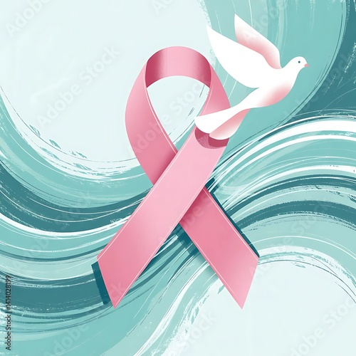 Pink Ribbon with White Dove for Breast Cancer Awareness on Abstract Blue Background .