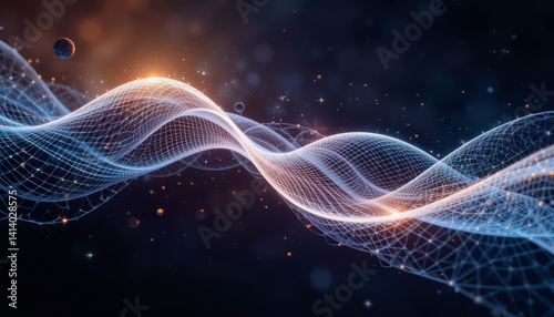 Glowing, ethereal data streams undulate through a dark space, resembling a cosmic web. Small planets and glittering particles enhance the otherworldly aesthetic.