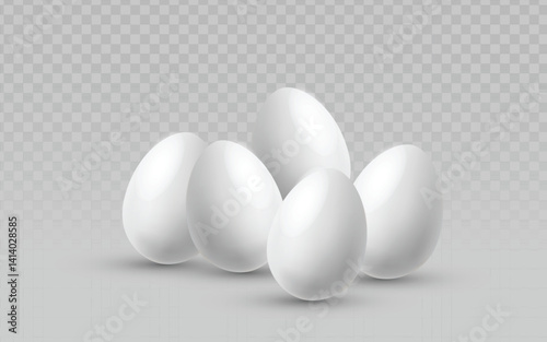 Five smooth, white chicken eggs are clustered together, casting soft shadows on a transparent light gray checkered background. Their oval shapes and subtle sheen suggest a fresh, natural food item.