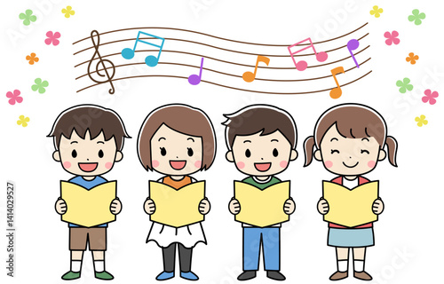 音楽会で笑顔で歌う子供たちのイラスト
