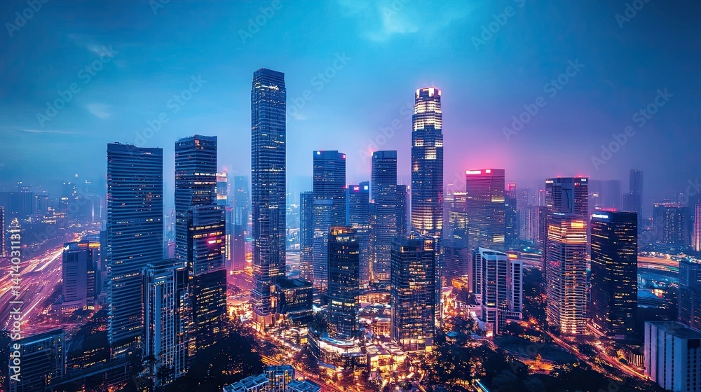 Modern blue metropolitan cityscape with futuristic skyline architecture, illuminated skyscrapers, and urban life Modern blue metropolitan cityscape with futuristic skyline architecture, illuminated skyscrapers, and urban life