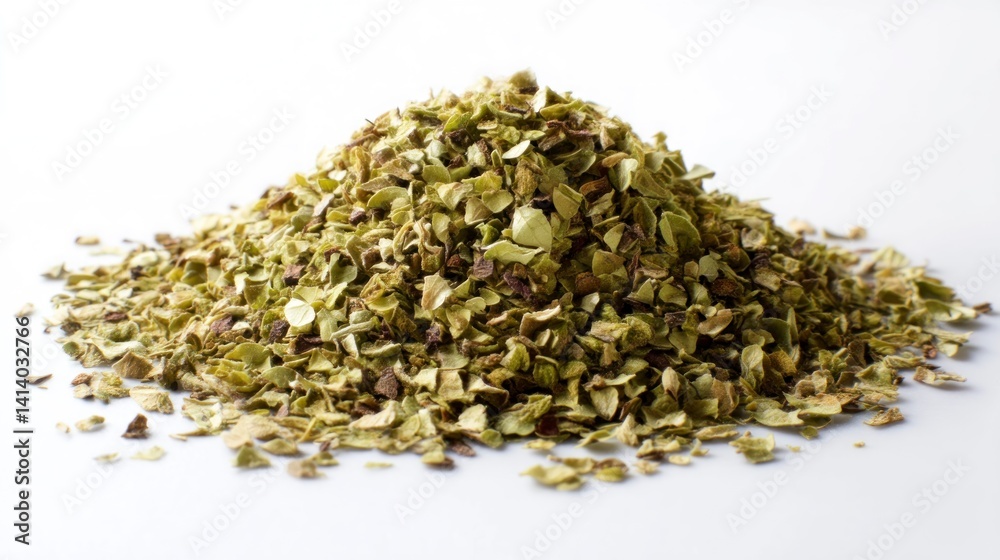 Pile of Dried Oregano Leaves on White Surface Close Up Pile of Dried Oregano Leaves on White Surface Close Up