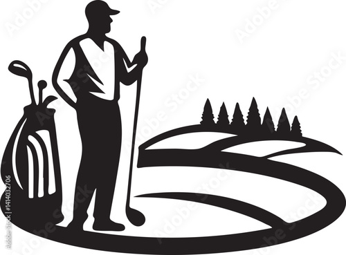 Golfer standing on a golf course with golf clubs and bag.