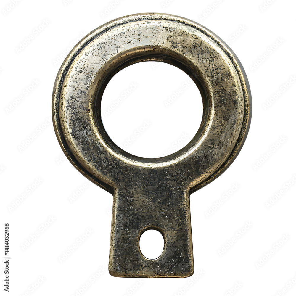 Closeup view of an aged brass keyhole with circular shape fine patina and realistic texture featuring a metallic antique finish on a transparent background