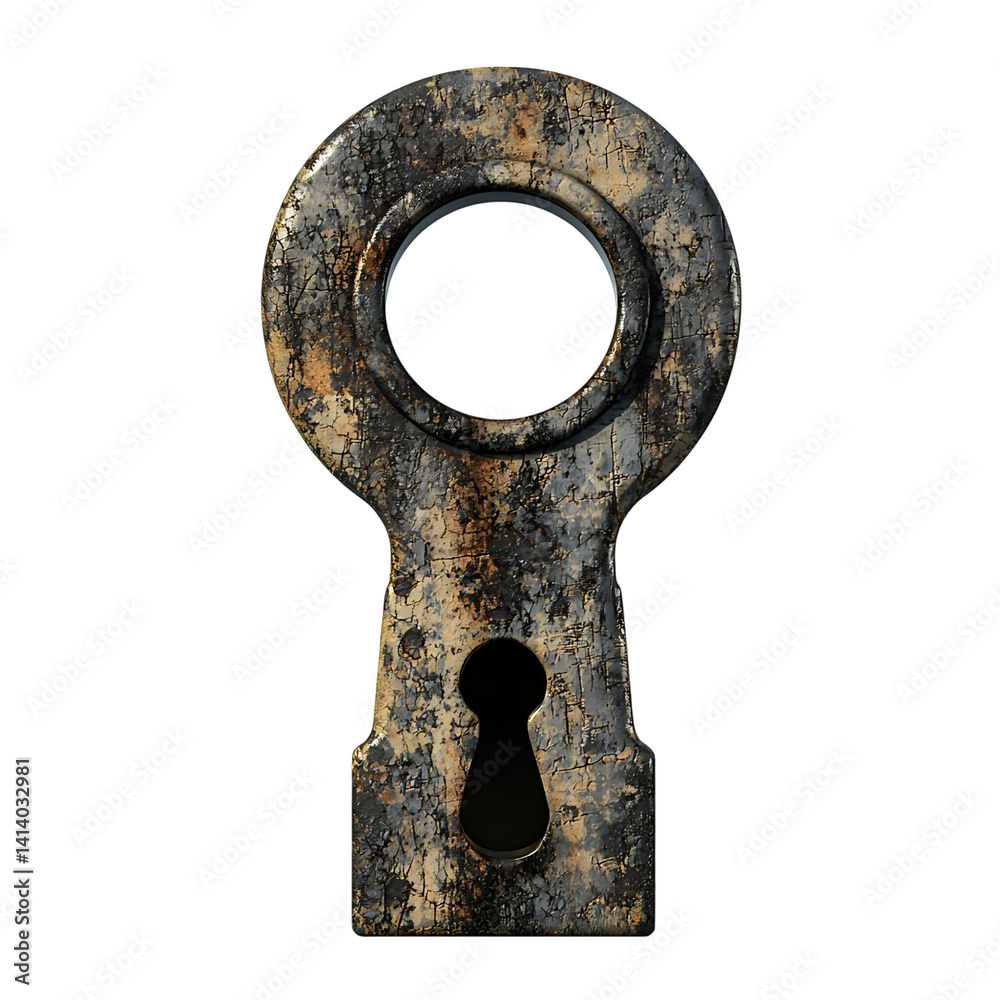 Closeup view of an aged brass keyhole with circular shape fine patina and realistic texture featuring a metallic antique finish on a transparent background