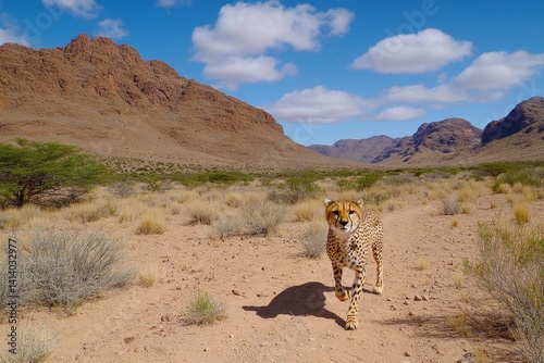A cheetah sprinting across the dry plains of Namibia, its powerful muscles captured in motion