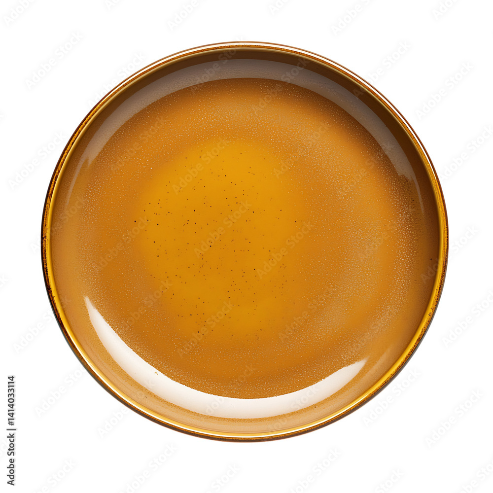 Round ceramic dinner plate with a warm ochre glaze and natural speckled finish captured from above in a clean and detailed look on a transparent background