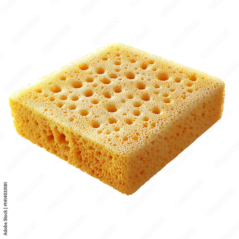 Yellow cleaning sponge with visible porous surface and rectangular form shown at slight angle with sharp texture and clean edges on a transparent background
