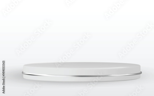 A low, cylindrical white platform with a thin silver band around its circumference rests on a soft white surface against a plain white background.